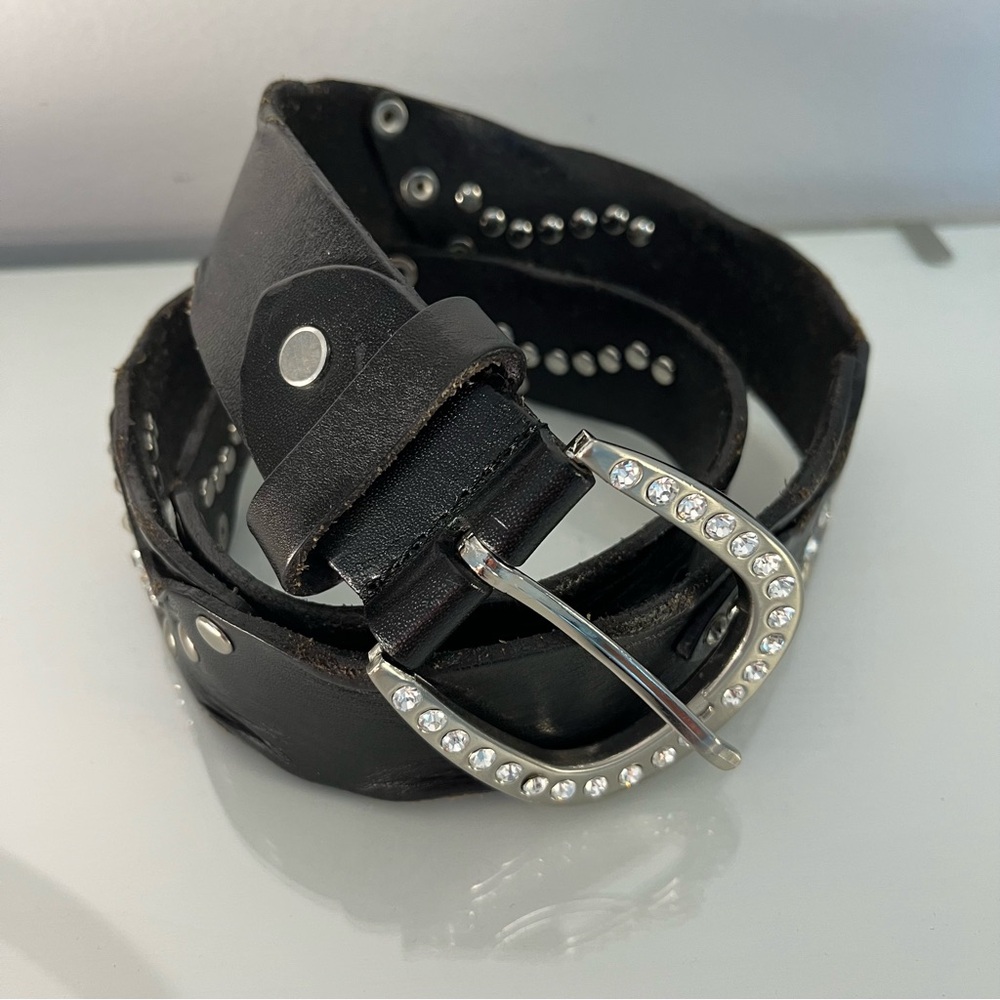 Black Leather Belt Women Medium Cowgirl Western Rhinestone Studs Embellished